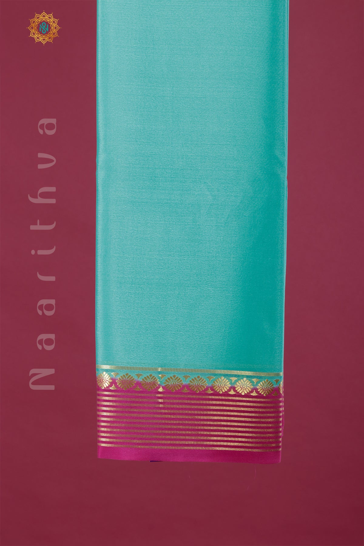 Aqua Green With Pink - Mysore Crepe Silk