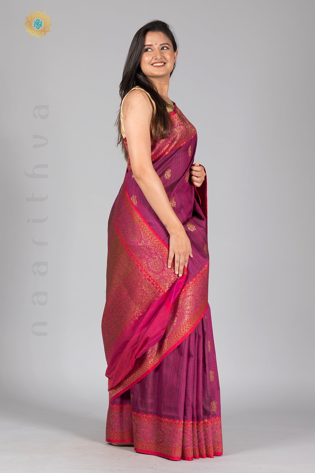 MAGENTA WITH PINK - PURE MATKA DUPION SILK WITH ZARI WOVEN BUTTA & CONTRAST BLOUSE