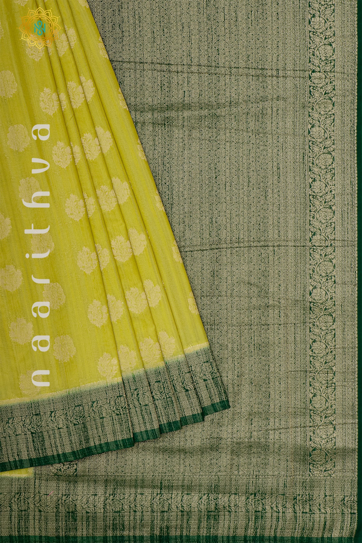 LIGHT YELLOW WITH BOTTLE GREEN - SEMI CREPE GEORGETTE