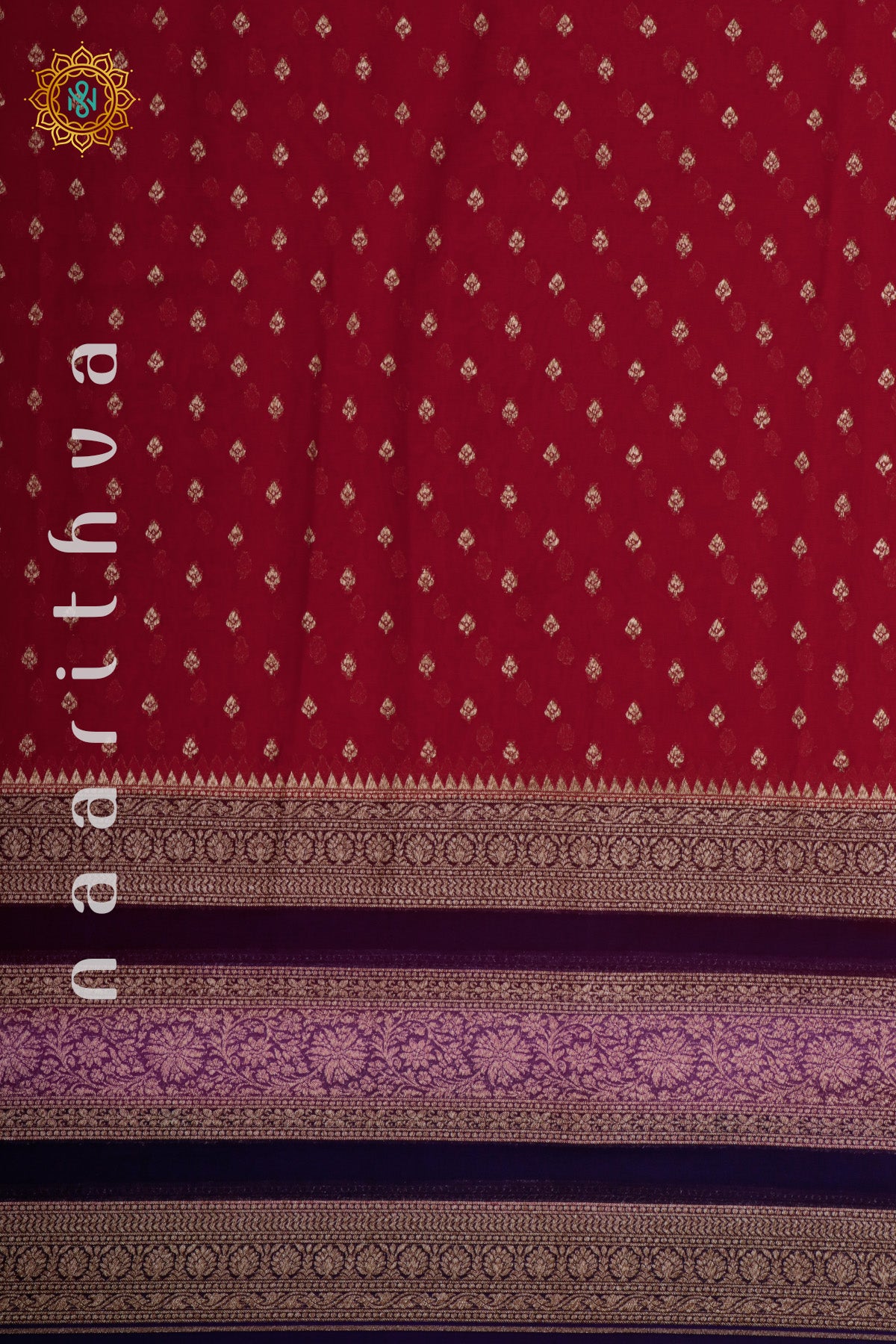 RED WITH PURPLE, PINK & NAVY BLUE - PURE HANDLOOM KHADDI GEORGETTE BANARAS