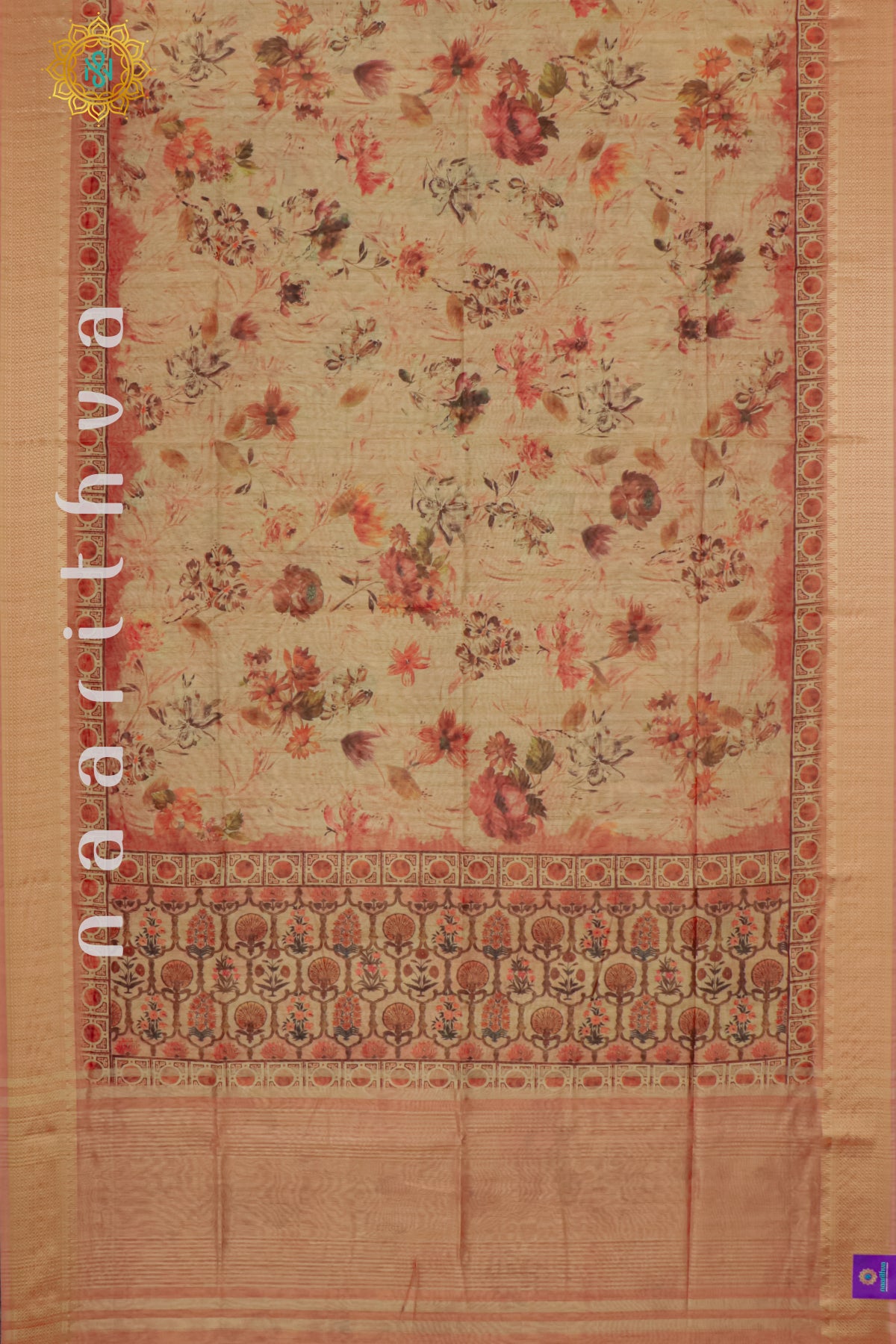 BEIGE WITH PEACHISH ORANGE - SEMI TUSSAR SILK