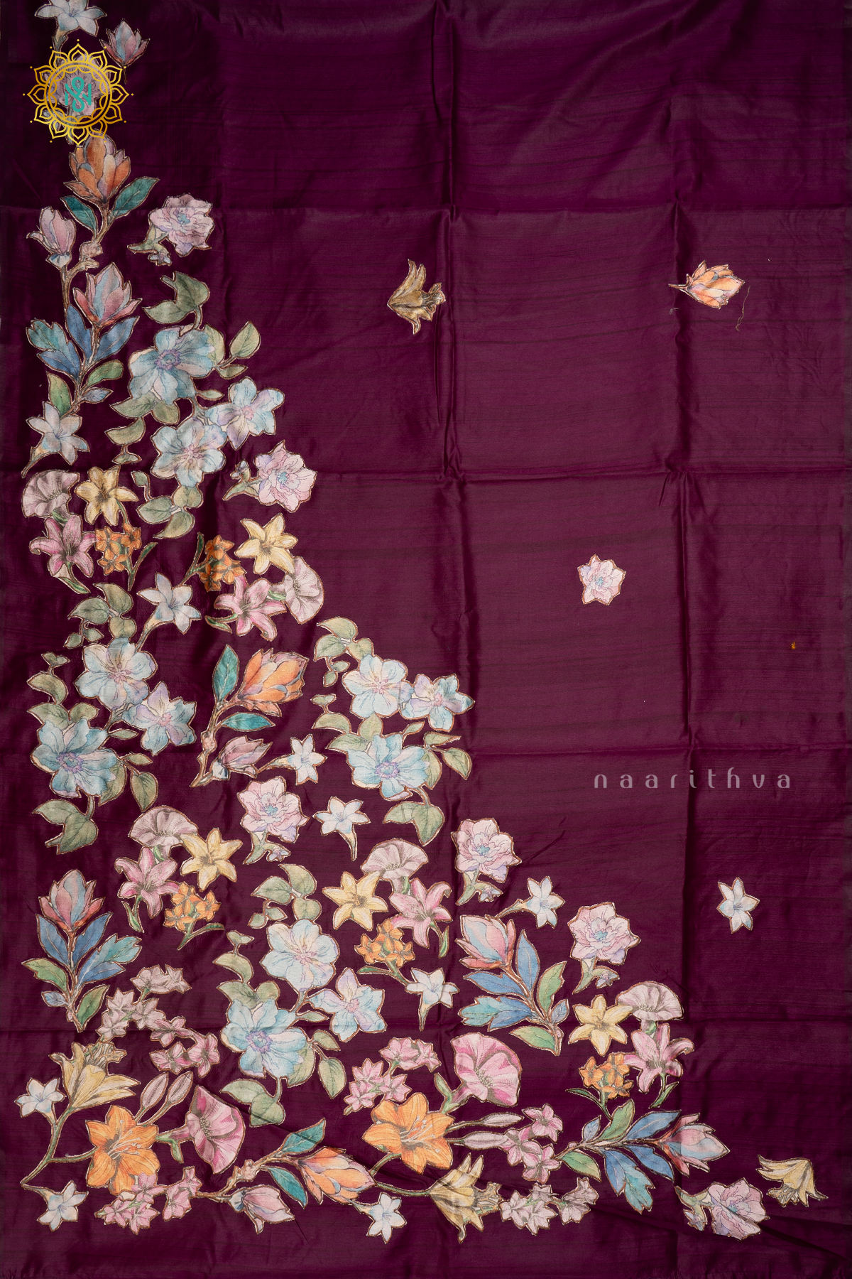 Wine Semi Tussar Silk Saree With Applique Work And Dual Blouse