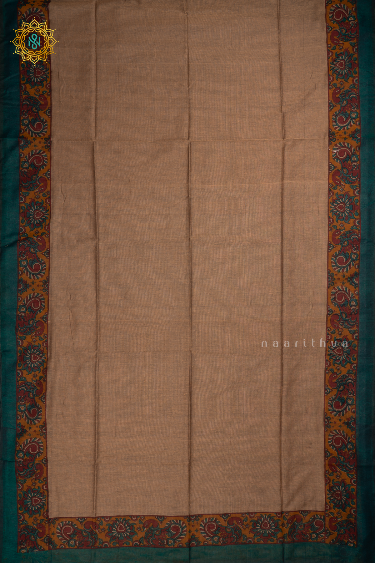 Beige With Cyan Green Mul Cotton Saree Plain Body With Contrast Kalamkari Printed Border