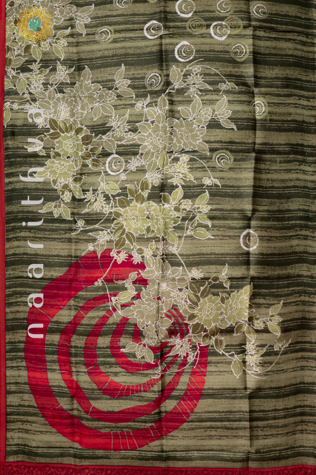 GREEN WITH REDDISH ORANGE - PURE MULBERRY SILK WITH DIGITAL PRINT