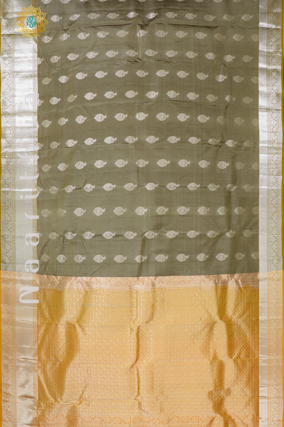 GREYISH OLIVE GREEN WITH MUSTARD - KANJIVARAM PURE MIX