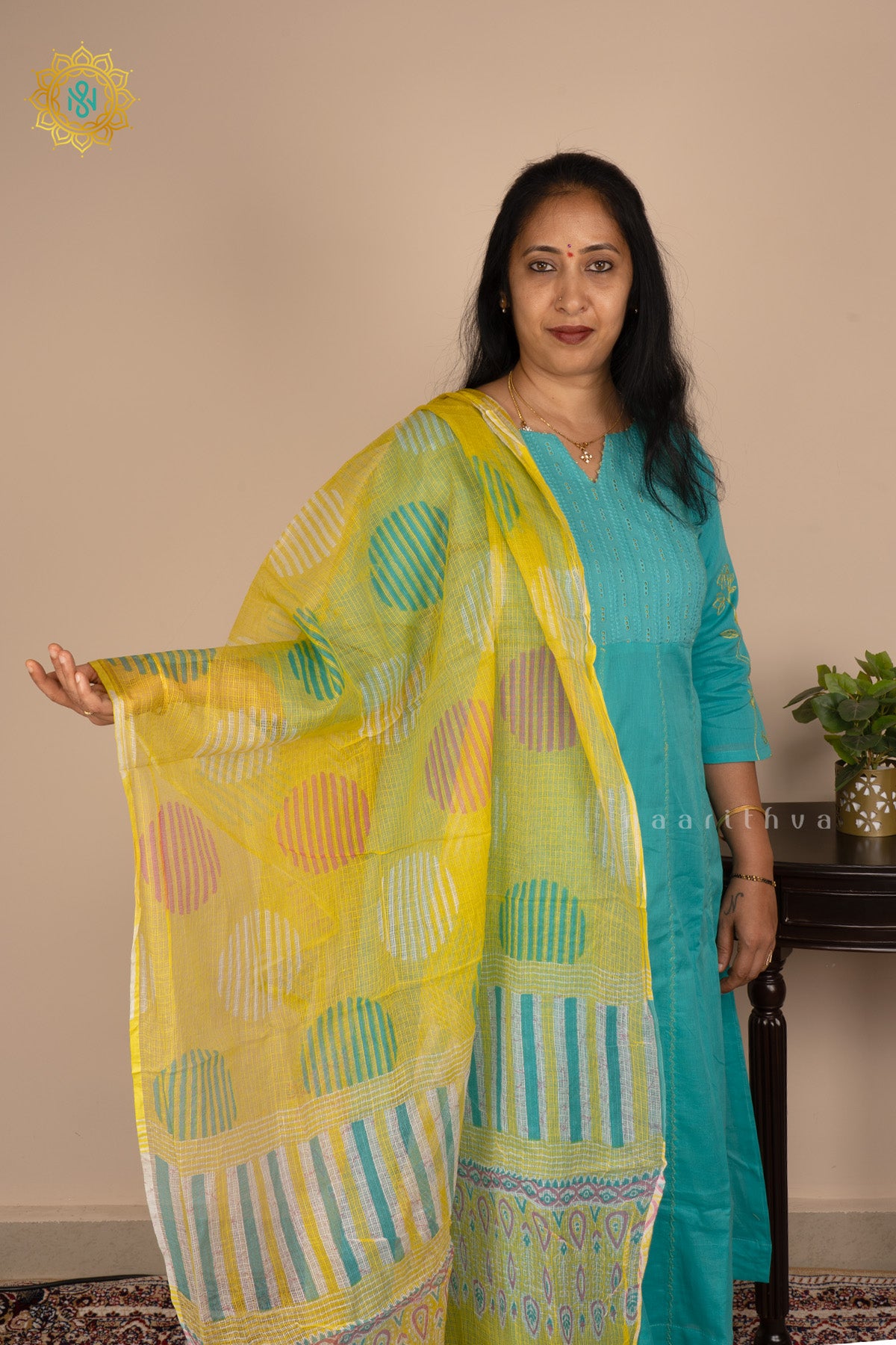 Aqua Blue with Yellow Mul Chanderi 3Pc Salwar Suit With Kota Cotton Dupatta