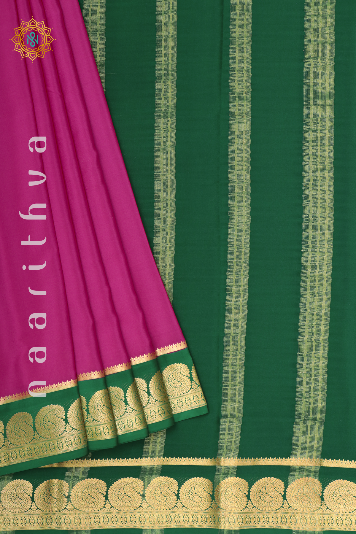 PINK WITH BOTTLE GREEN - PURE MYSORE CREPE SILK