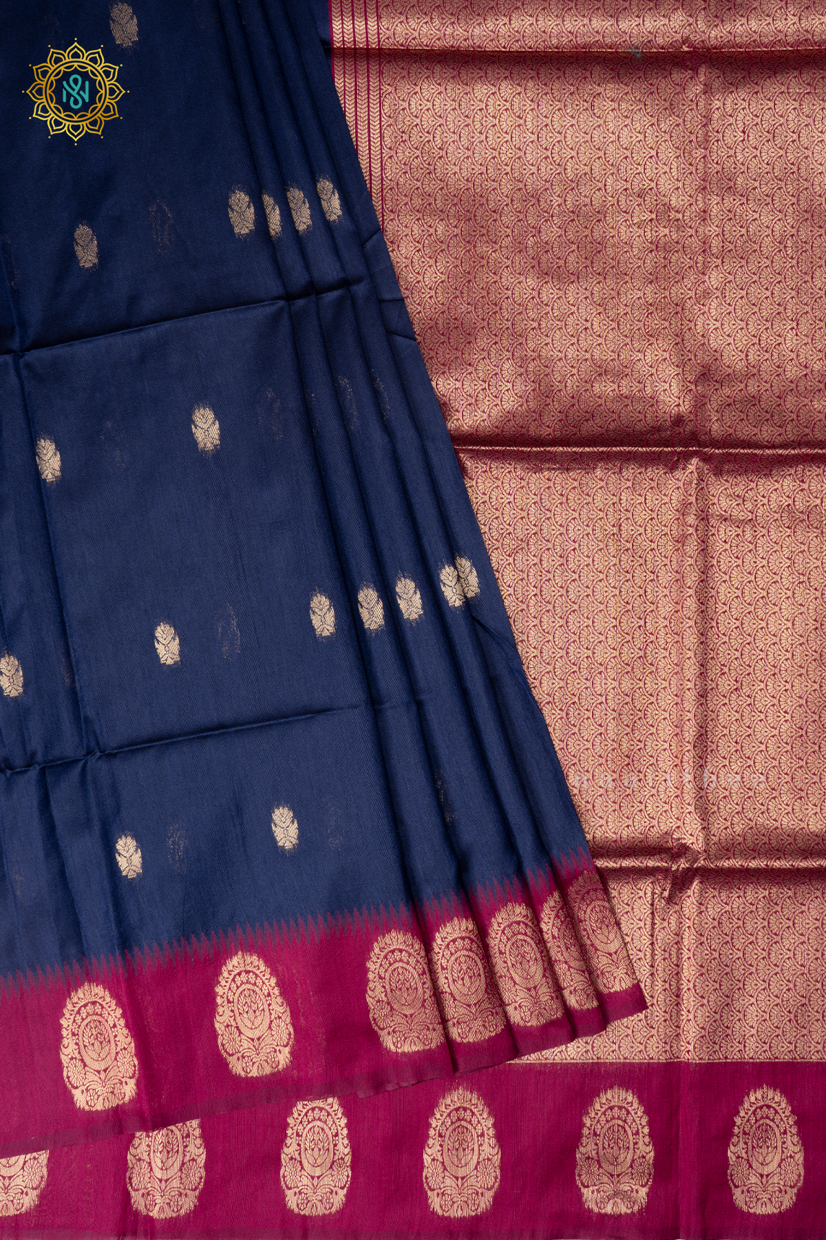 Navy Blue With Pink Semi Raw Silk Saree Zari Buttas On The Body With Contrast Zari Border & Pallu