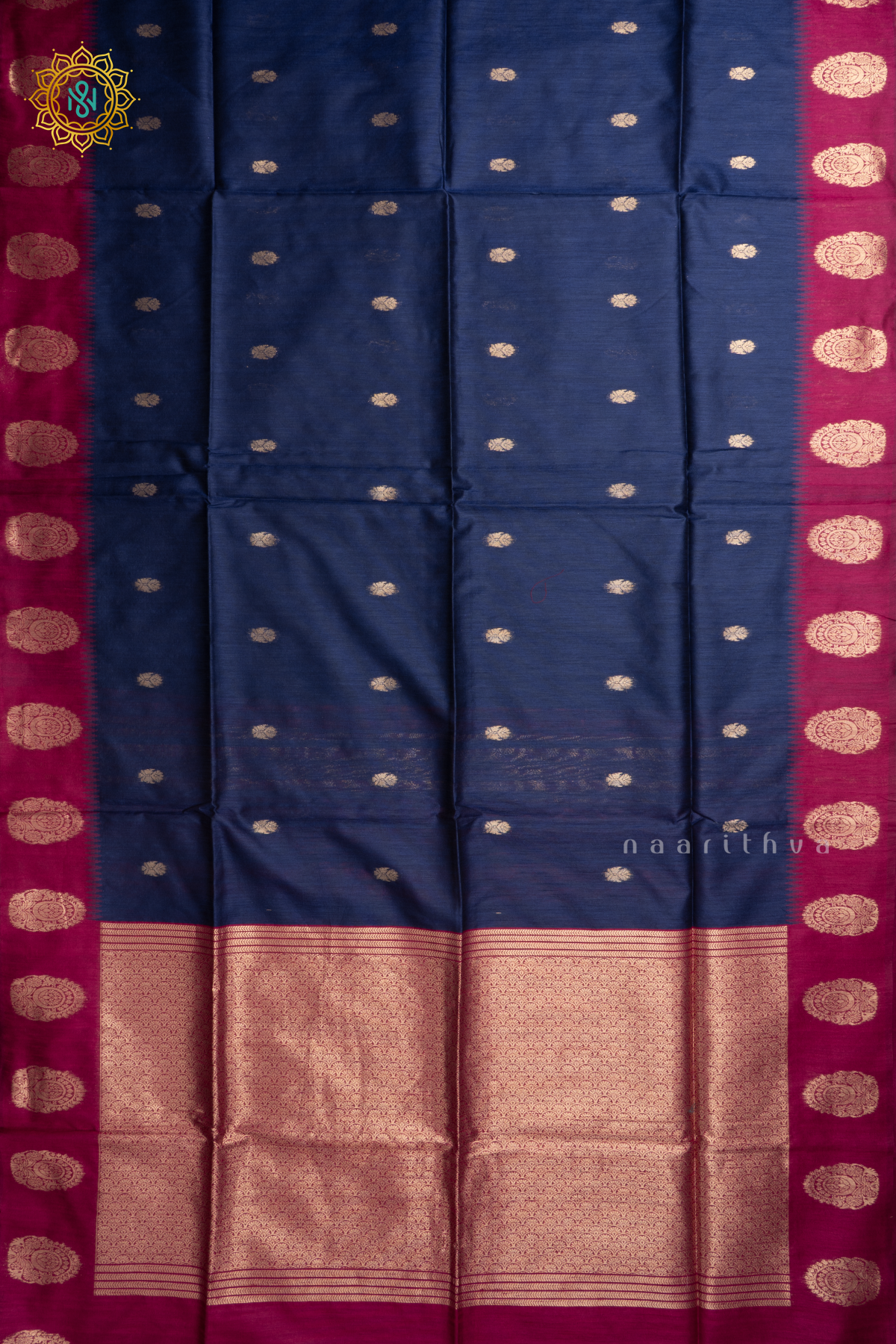 Navy Blue With Pink Semi Raw Silk Saree Zari Buttas On The Body With Contrast Zari Border & Pallu