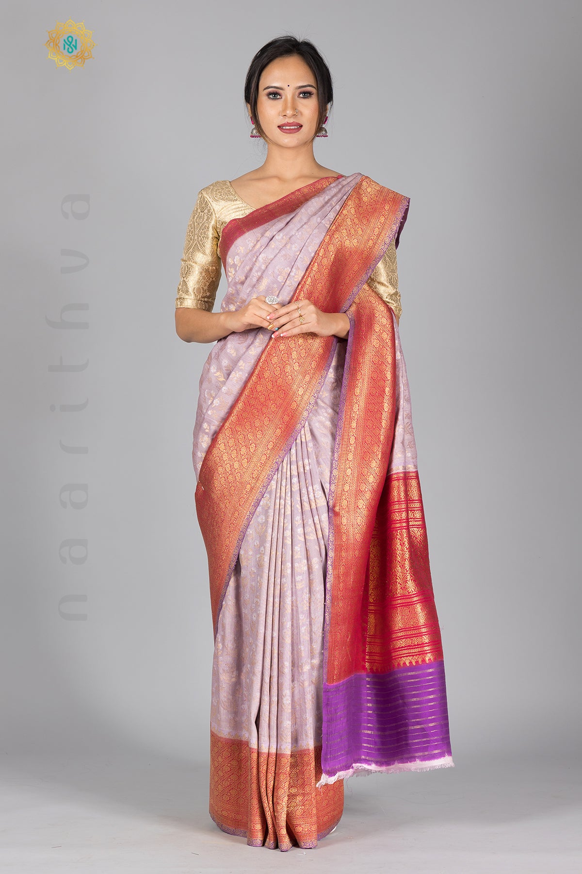 LAVENDER WITH RED - PURE HANDLOOM TUSSAR GEORGETTE WITH ZARI WEAVES & CONTRAST BORDER