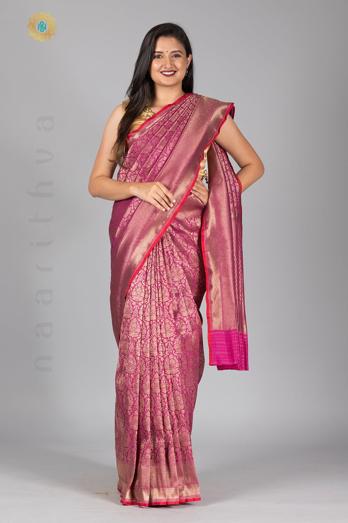 PINK WITH RED - PURE HANDLOOM KATAN SILK WITH ANTIQUE ZARI WEAVES & CONTRAST BLOUSE