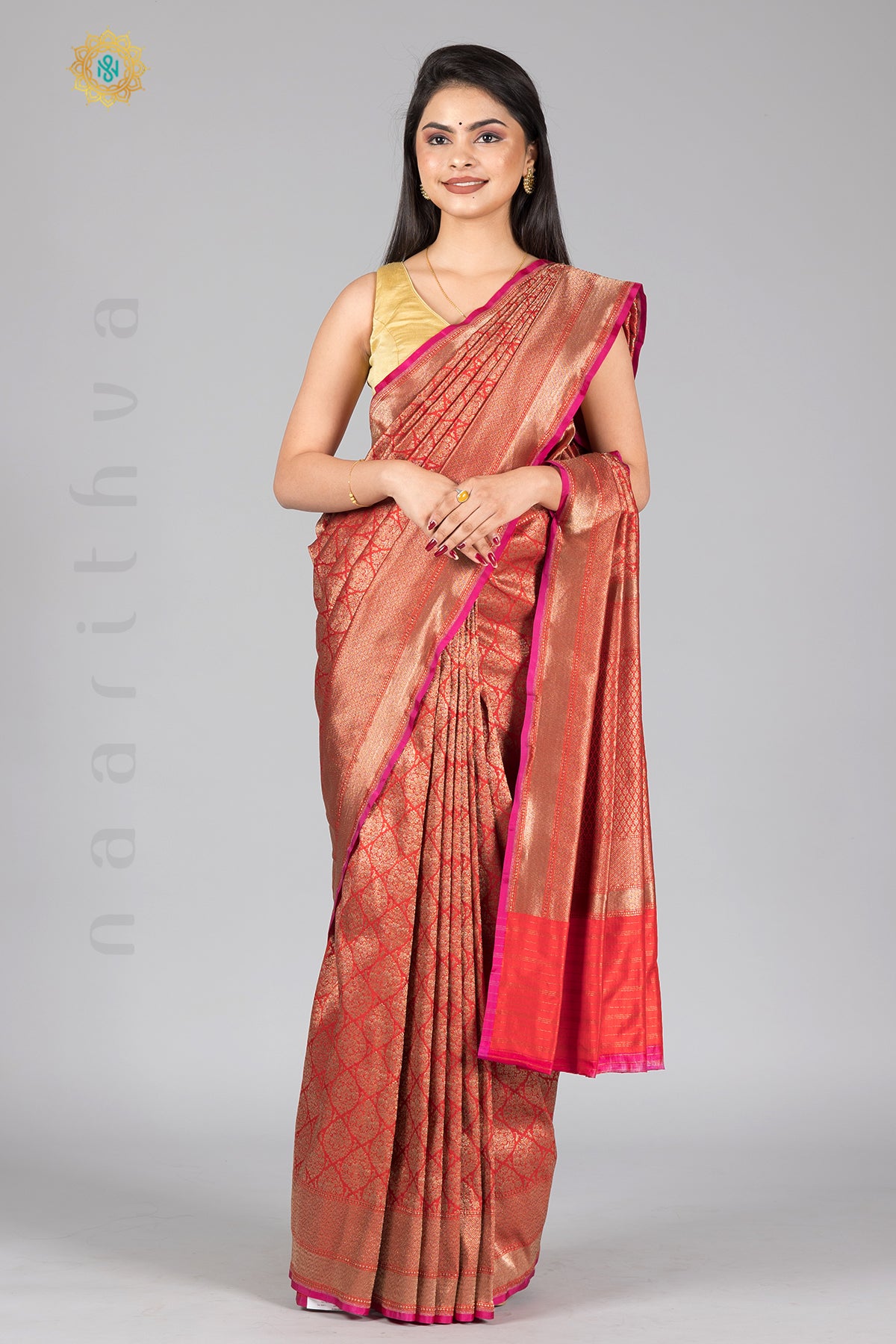 RED WITH PINK - PURE HANDLOOM KATAN SILK WITH ANTIQUE ZARI WEAVES & CONTRAST BLOUSE