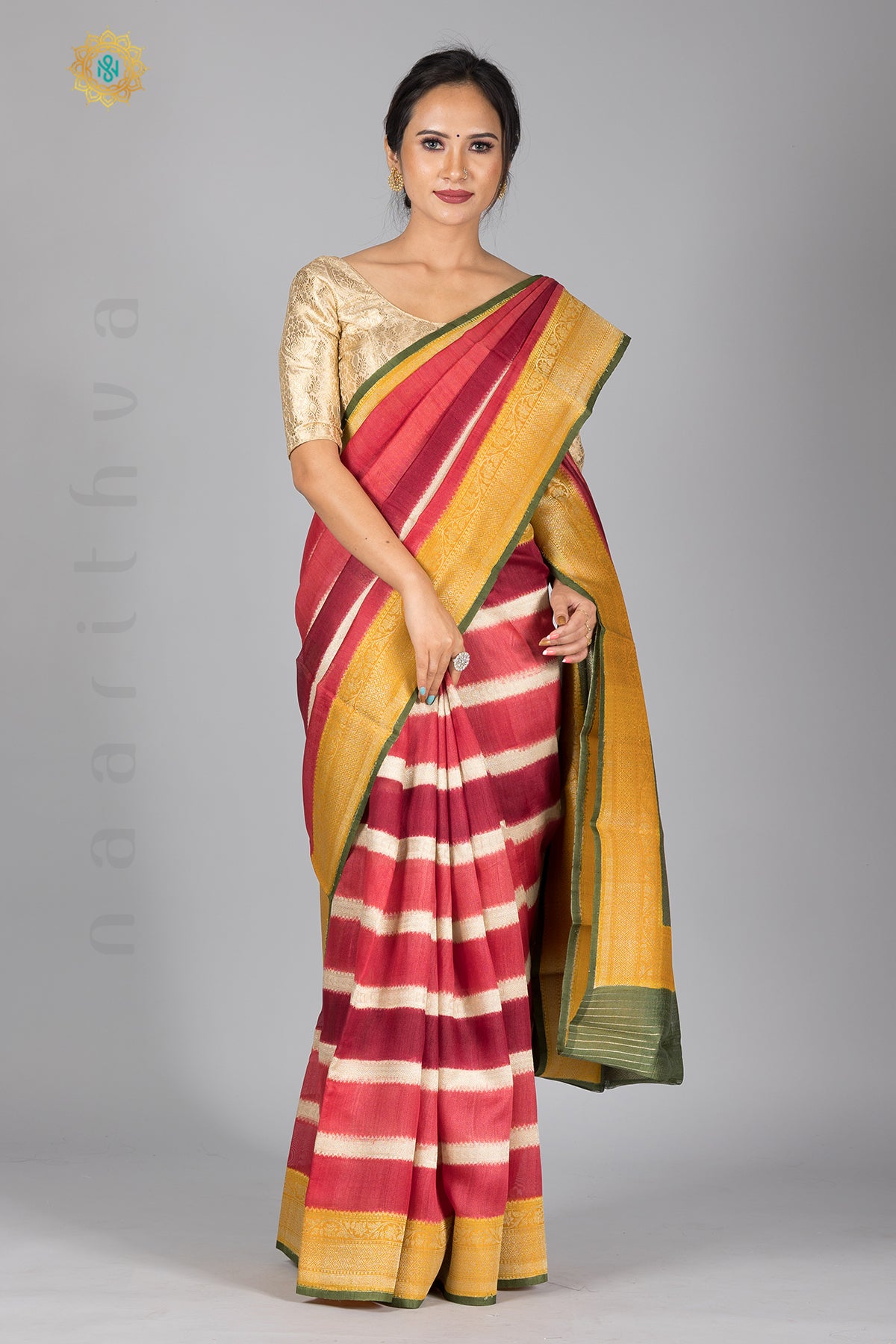 RANGKAAT - PURE TUSSAR SILK IN STRIPES PATTERN WITH ZARI WOVEN CONTRAST BORDER & WOVEN CONTRAST BLOUSE