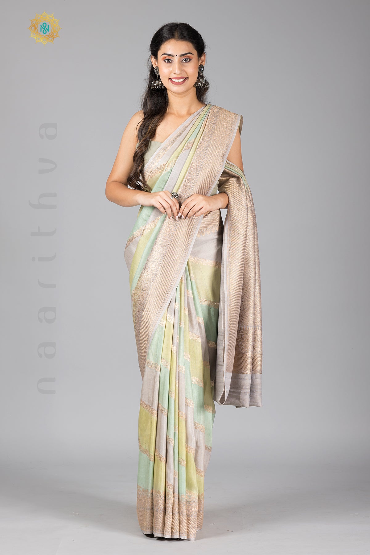 PASTEL SHADES OF BLUE, GREEN & GREY - PURE HANDLOOM TUSSAR GEORGETTE WITH WATER ZARI WEAVES