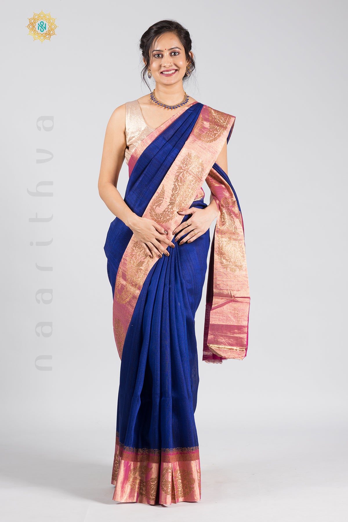 BLUE WITH PINK - PURE TUSSAR SILK WITH CONTRAST WOVEN BORDER & BLOUSE