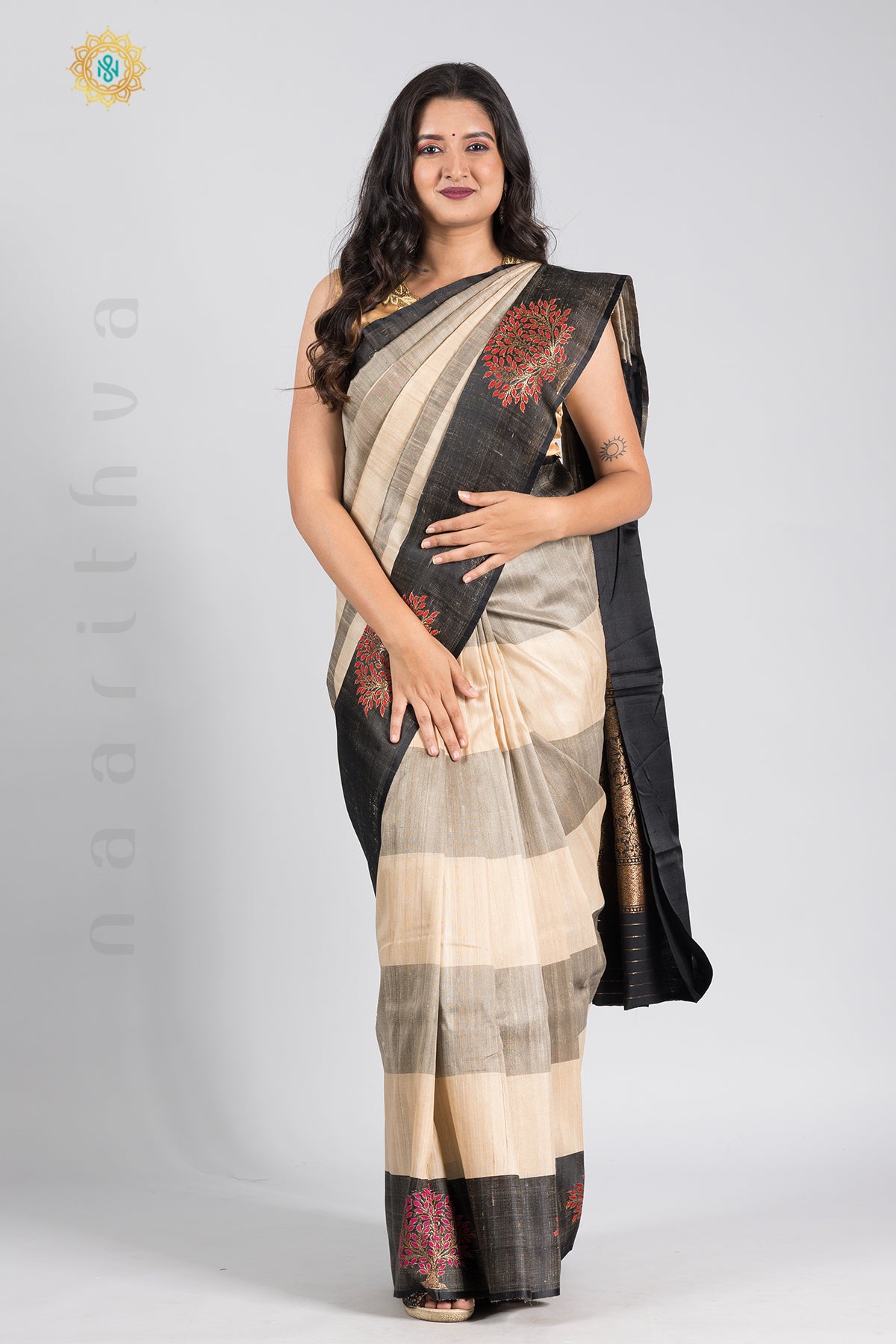 CREAM WITH BLACK - PURE TUSSAR SILK WITH THREAD WOVEN MOTIFS IN SATIN BORDER & ZARI WOVEN PALLU