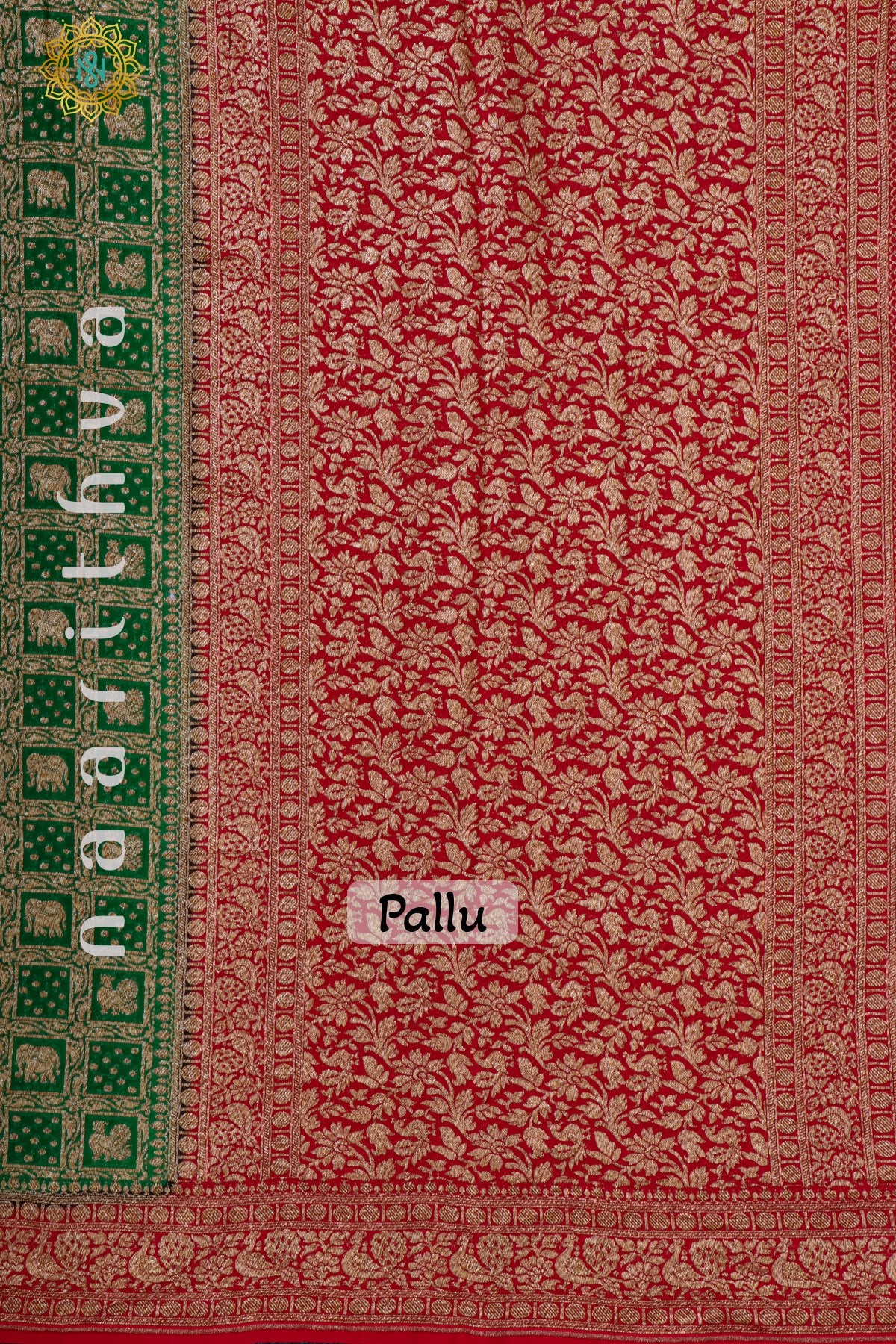 GREEN WITH RED - PURE HANDLOOM KHADDI GEORGETTE BANARAS