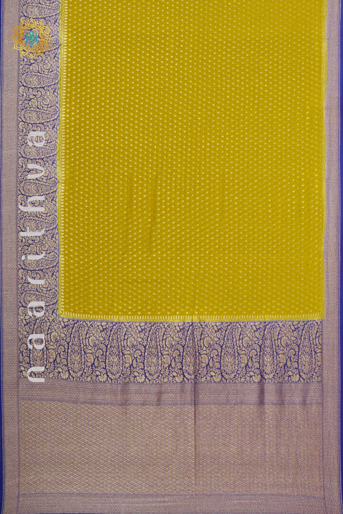 YELLOW WITH ROYAL BLUE - PURE BANARASI KHADDI GEORGETTE