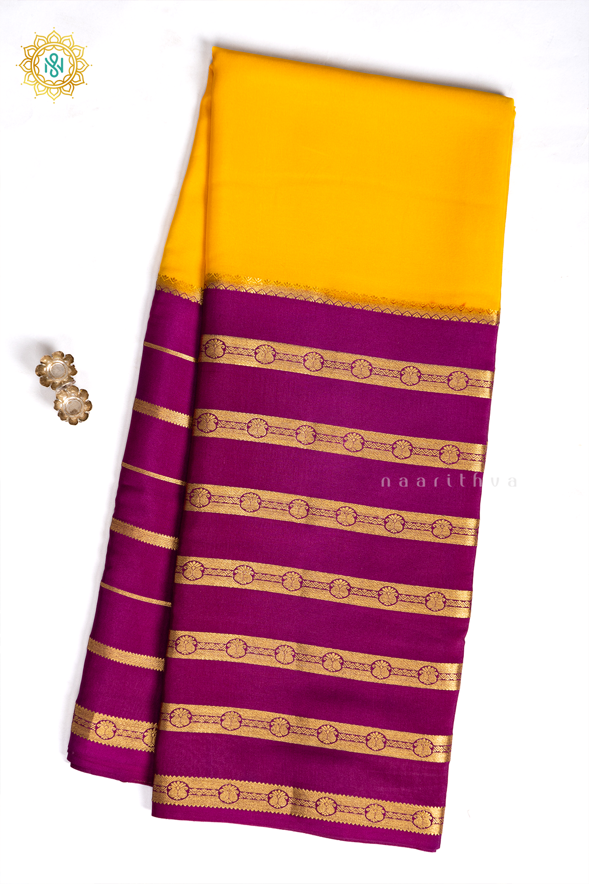 YELLOW WITH PINK - PURE MYSORE CREPE SILK