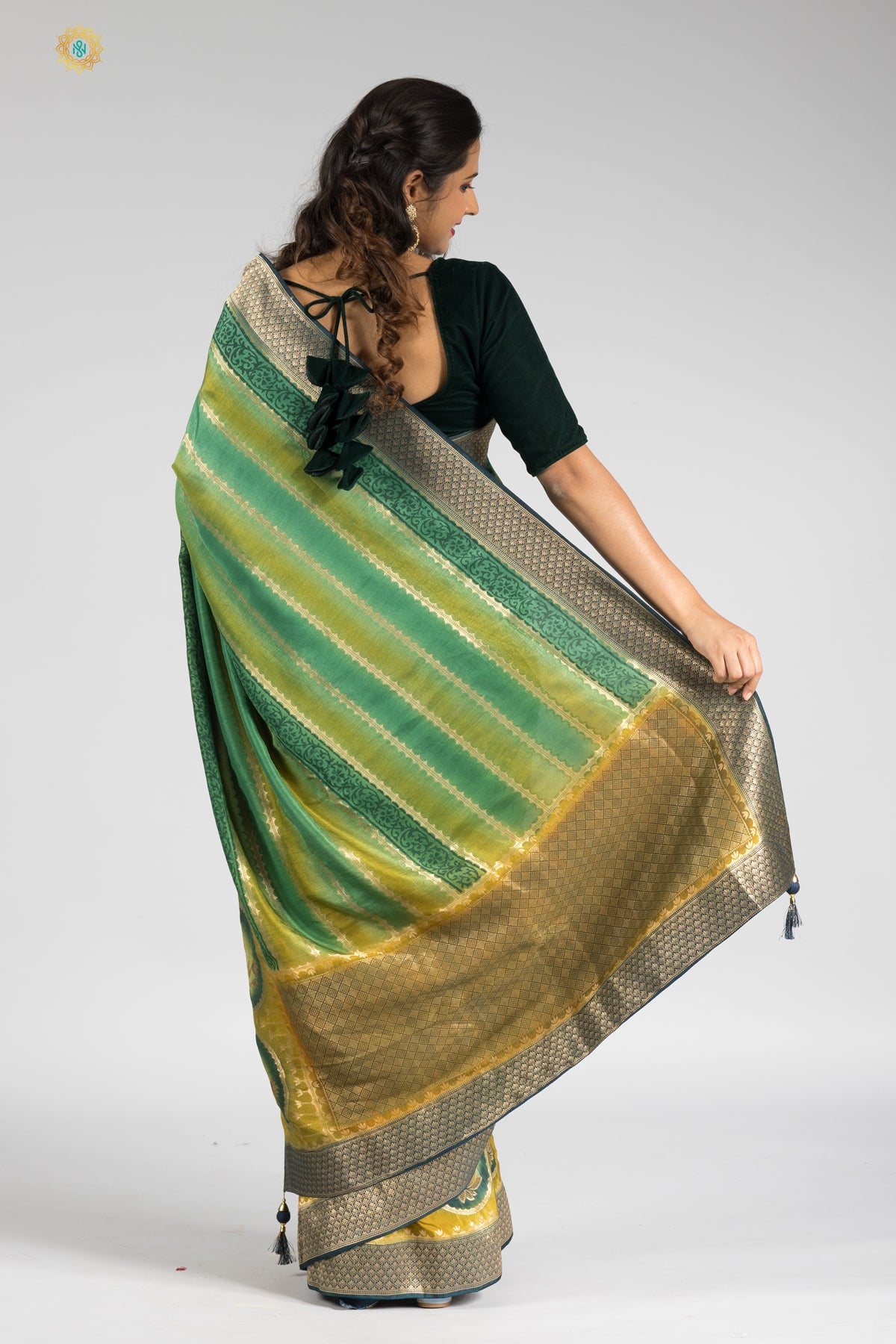 GREEN WITH BLUE - DESIGNER DOLA SILK WITH ZARI WEAVES & CONTRAST BLOUSE