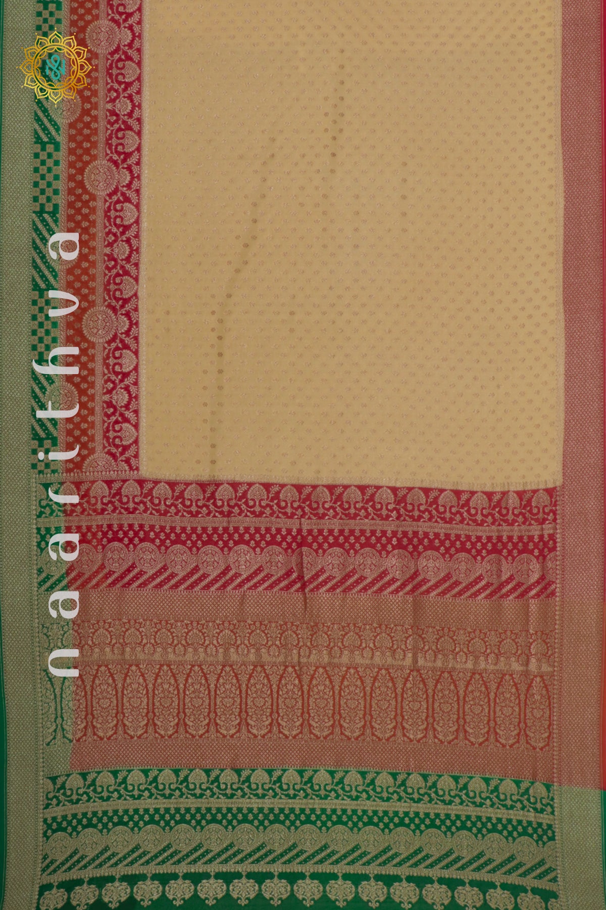 BEIGE WITH RED, ORANGE & GREEN - PURE BANARASI KHADDI GEORGETTE