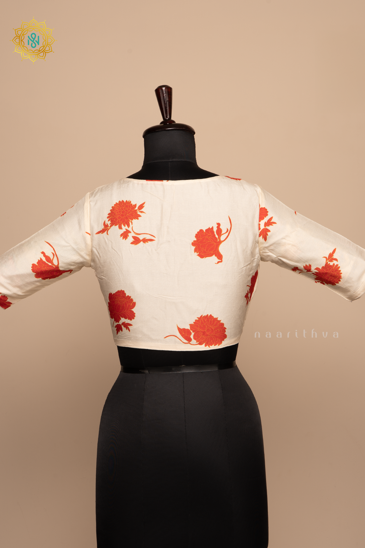 OFF WHITE WITH ORANGE - DOLA SILK READYMADE BLOUSE WITH FLORAL PRINTS