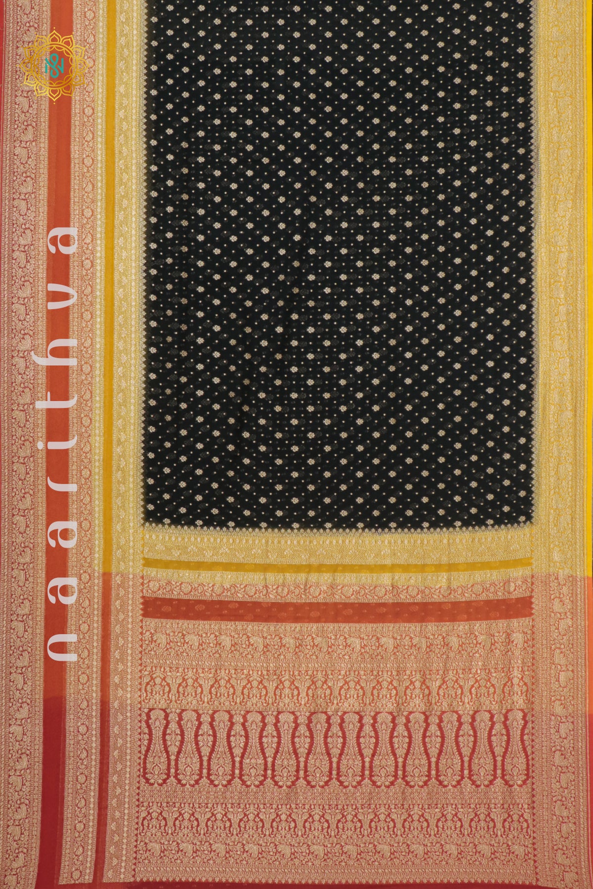 BLACK WITH YELLOW, ORANGE & RED - PURE BANARASI KHADDI GEORGETTE