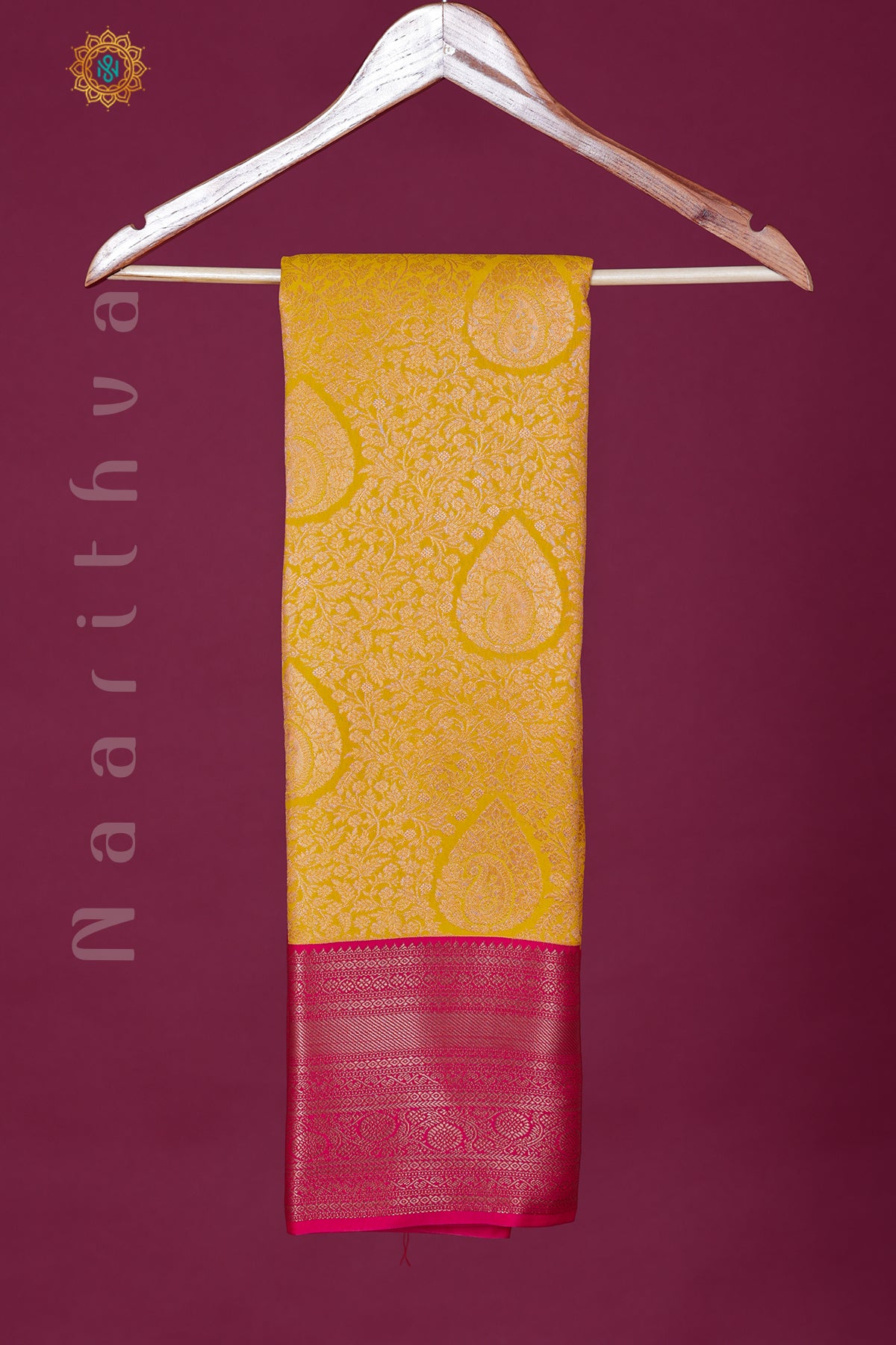 YELLOW WITH PINK - SEMI KANCHI BROCADE WITH CONTRAST BORDER