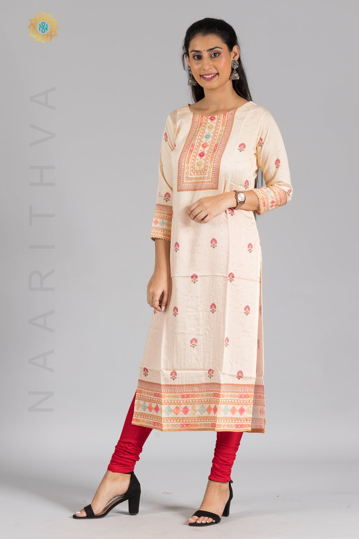 CREAM - CASUAL KURTI WITH NECK EMBROIDERY