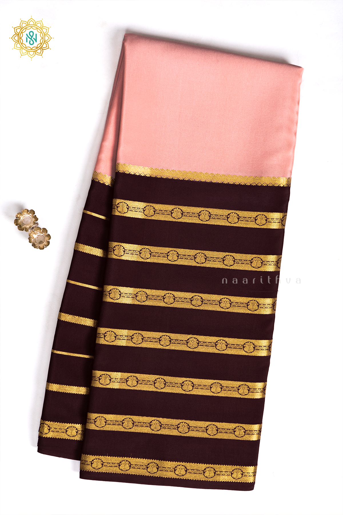 PEACH WITH BROWN - PURE MYSORE CREPE SILK
