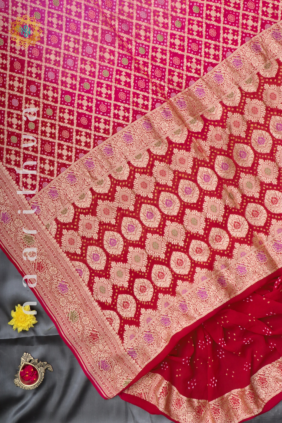 RED WITH PINK - PURE BANARASI GEORGETTE TIE & DYE