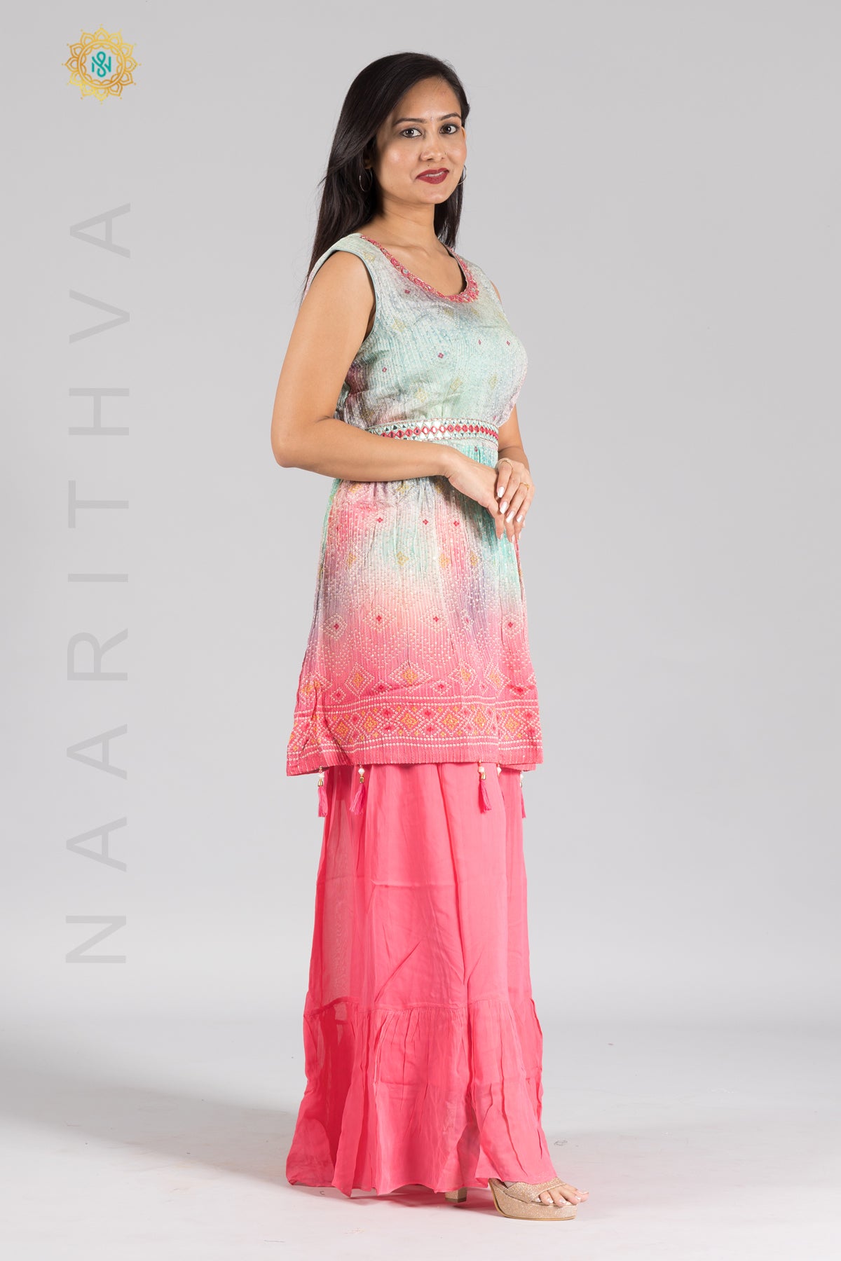 BLUE WITH PEACH - PRINTED PAPLONE SALWAR SUIT WITH SHARARA PANT & DUPATTA