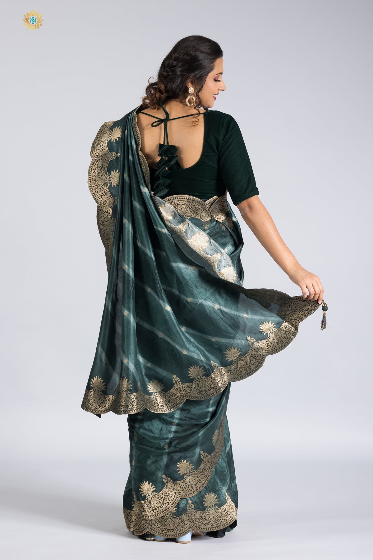 DARK GREEN - DESIGNER DOLA SILK WITH ZARI WOVEN BUTTAS & SCALLOP BORDER