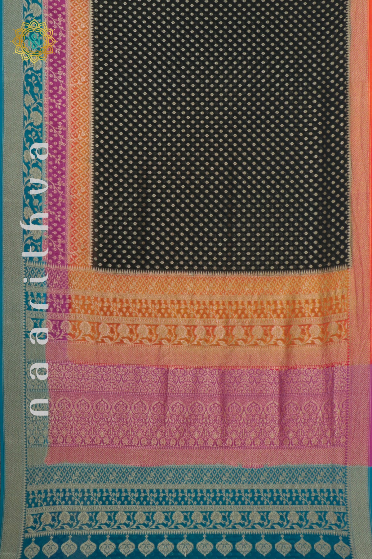 BLACK WITH ORANGE, PINK & SKY BLUE - PURE BANARASI KHADDI GEORGETTE