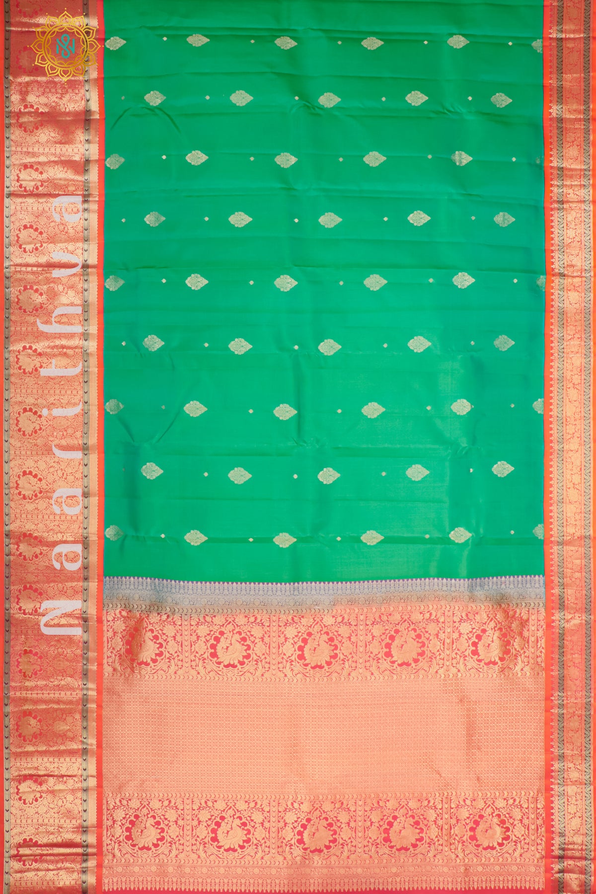 GREEN WITH ORANGE - PURE KANJIVARAM SILK