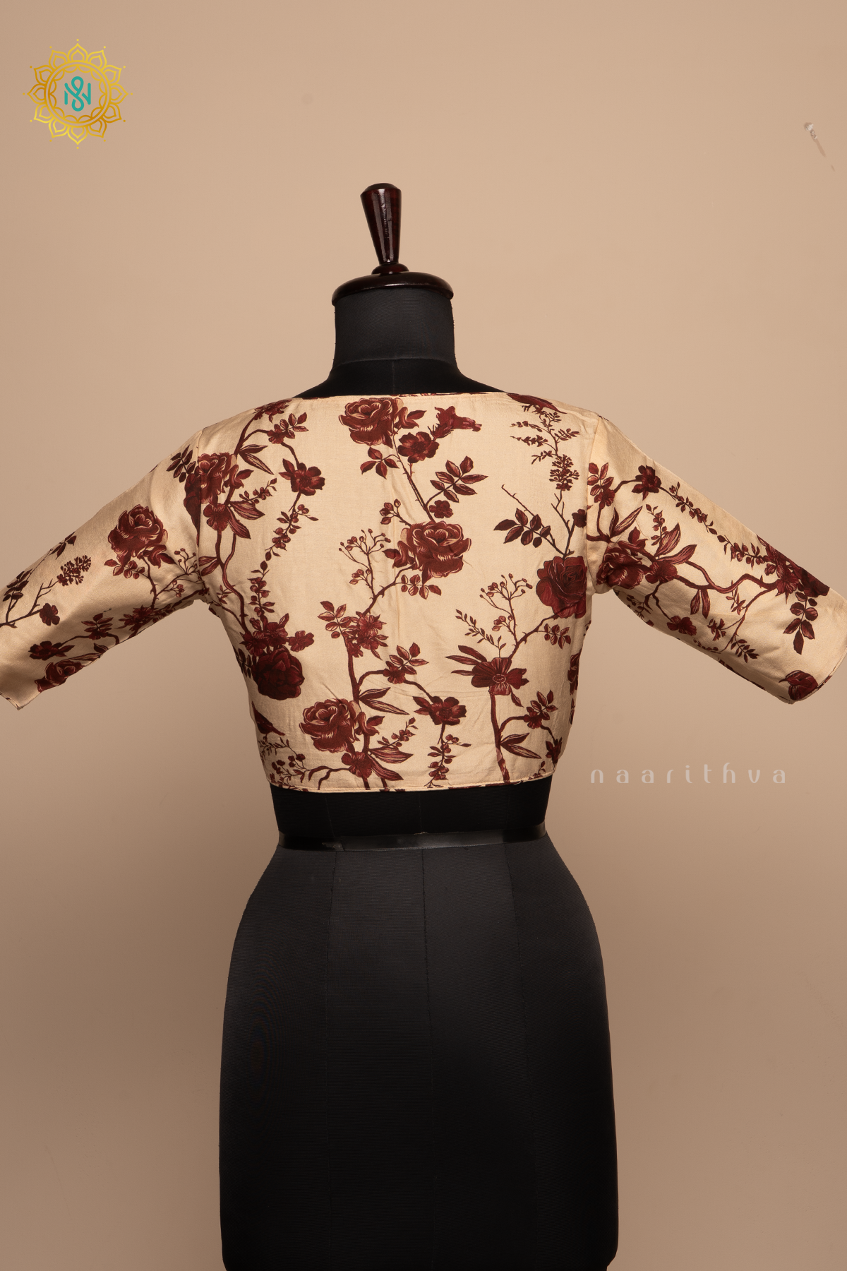 Beige With Maroon - Dola Silk Readymade Blouse With Floral Prints