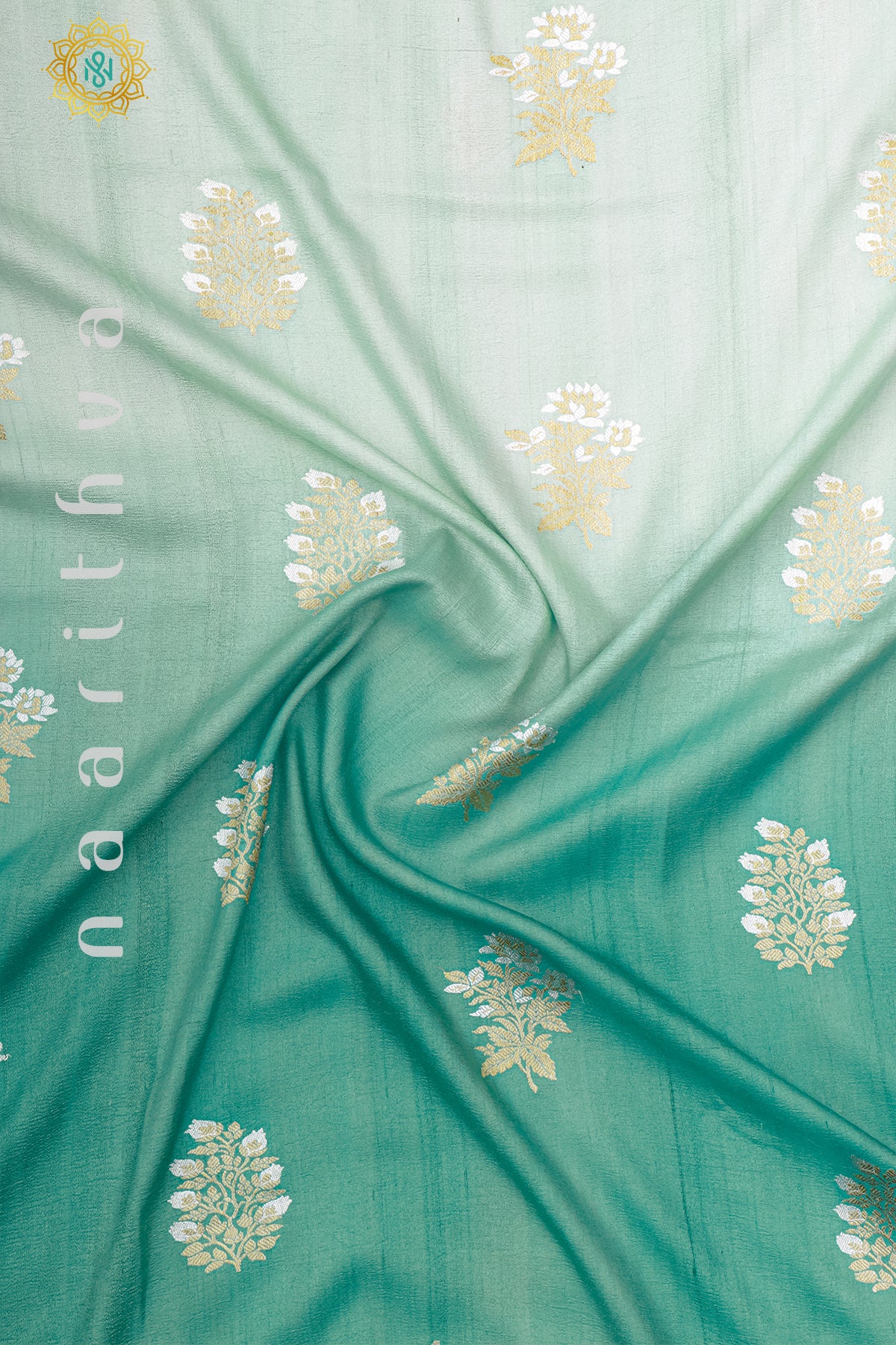 DUAL SHADE OF AQUA GREEN WITH PEACH - PURE HAND PAINTED TUSSAR GEORGETTE