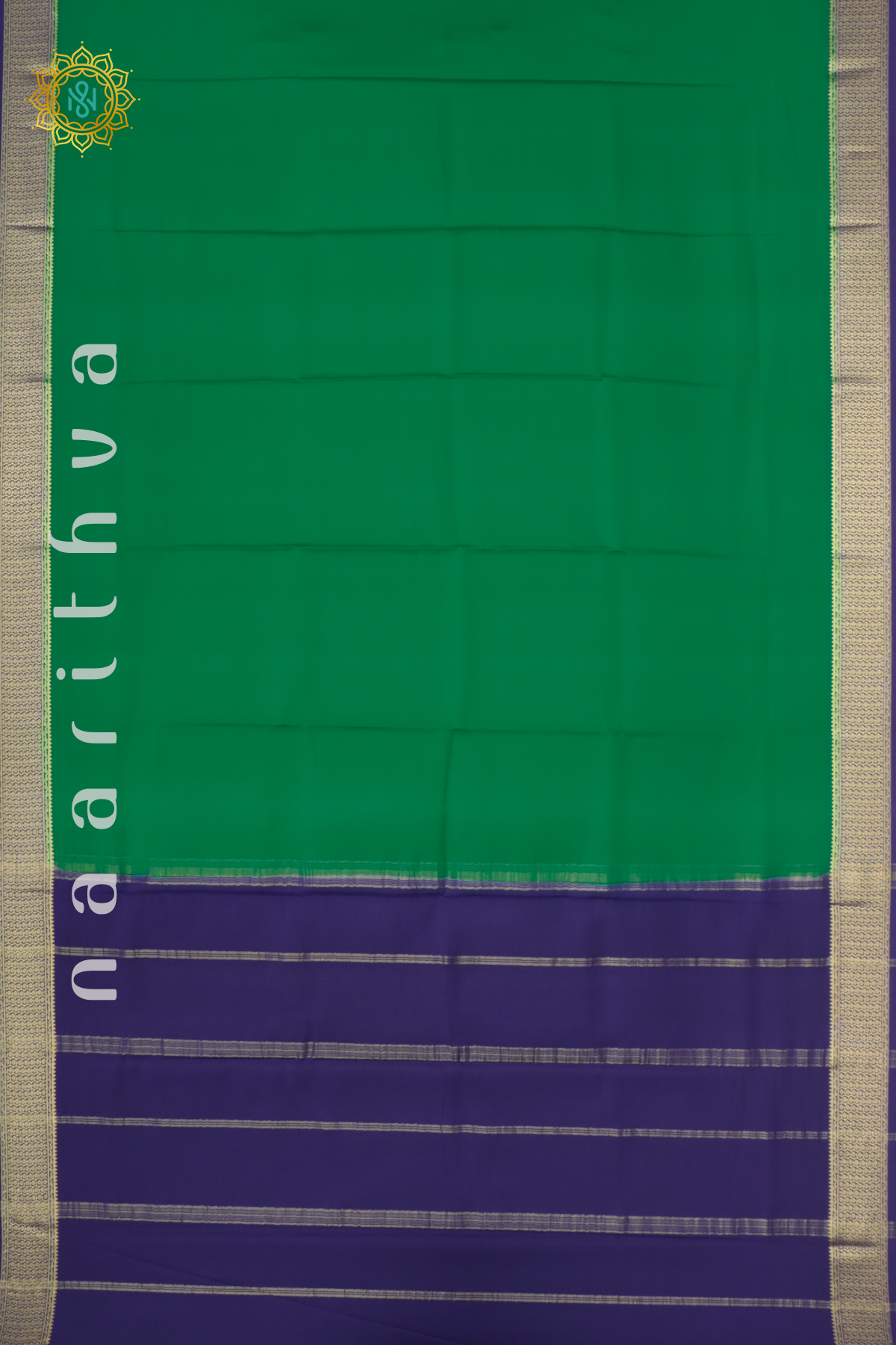 GREEN WITH NAVY BLUE - PURE MYSORE CREPE SILK