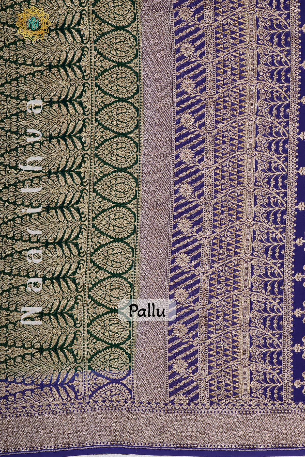 PURPLE WITH SKY BLUE, GREEN & BLUE - PURE HANDLOOM KHADDI GEORGETTE BANARAS