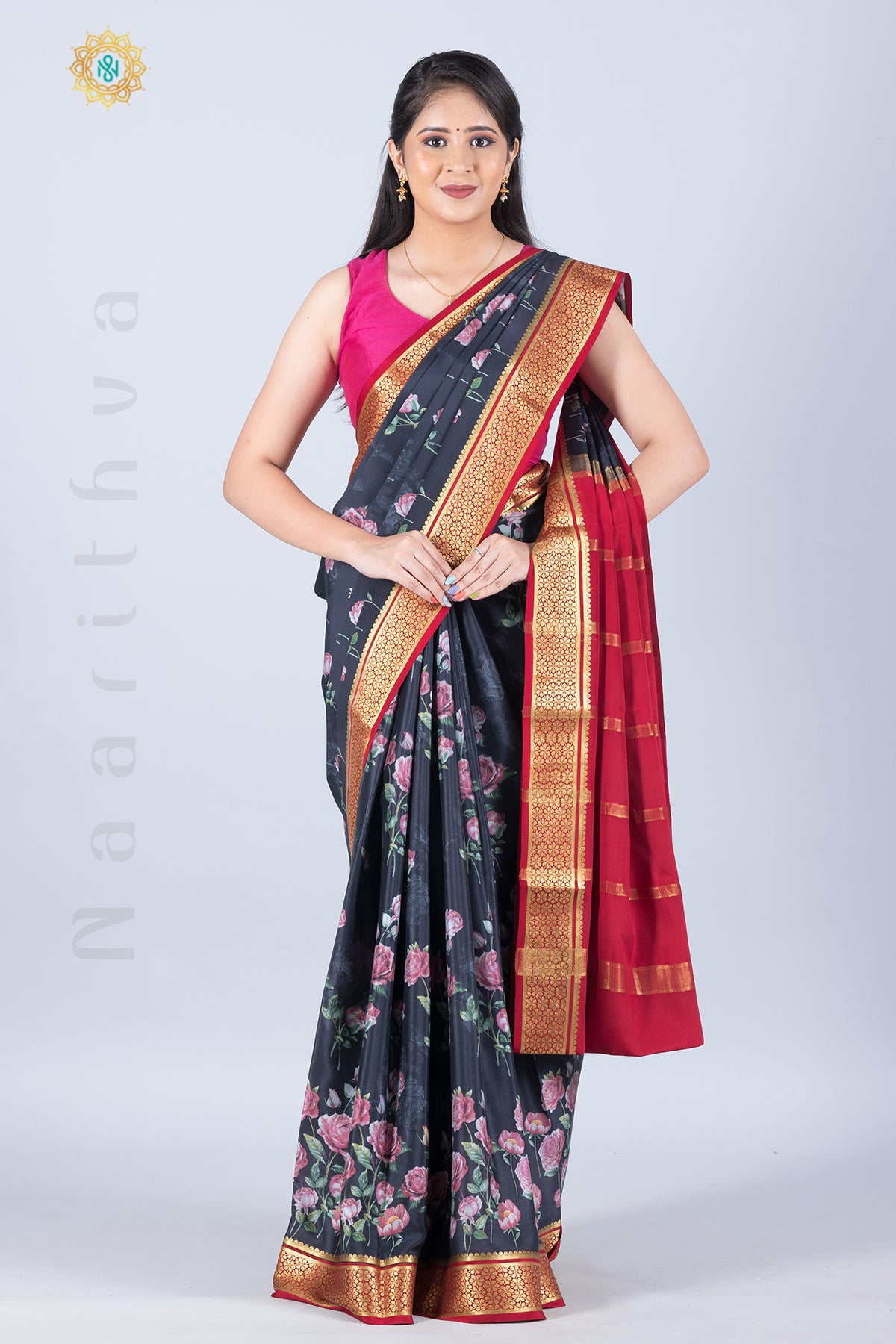 CHARCOAL GREY WITH RED - PURE MYSORE CREPE SILK WITH DIGITAL PRINTS & CONTRAST BORDER & BLOUSE