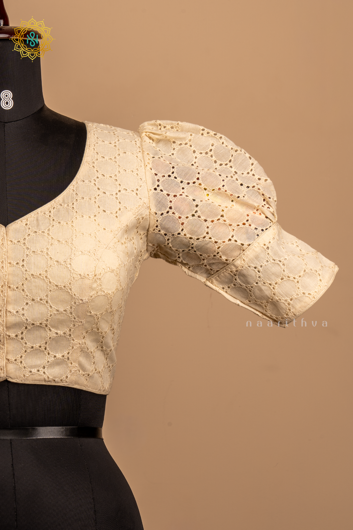 Off white - Cotton readymade blouse with hakoba work and puff sleeves