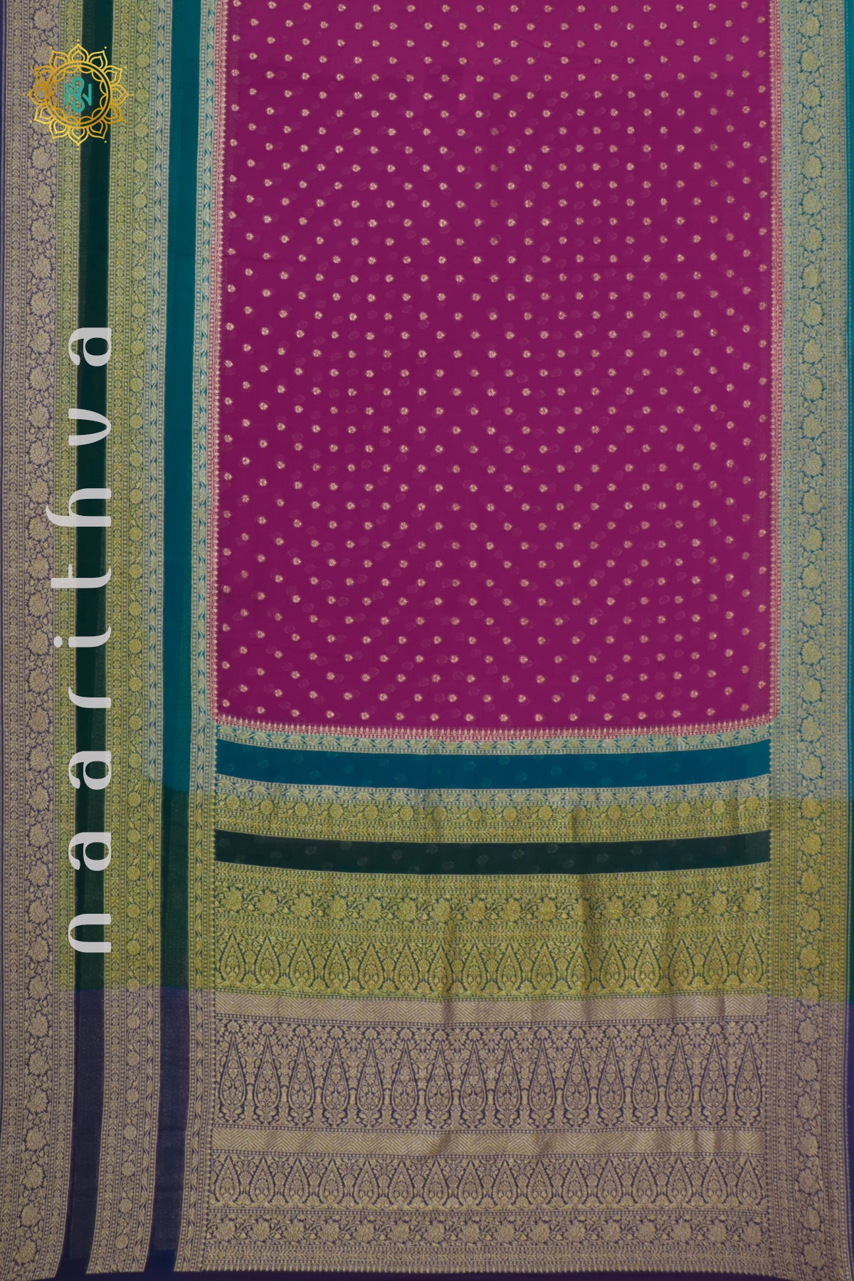 PINK WITH SKY BLUE, GREEN & NAVY BLUE - PURE BANARASI KHADDI GEORGETTE