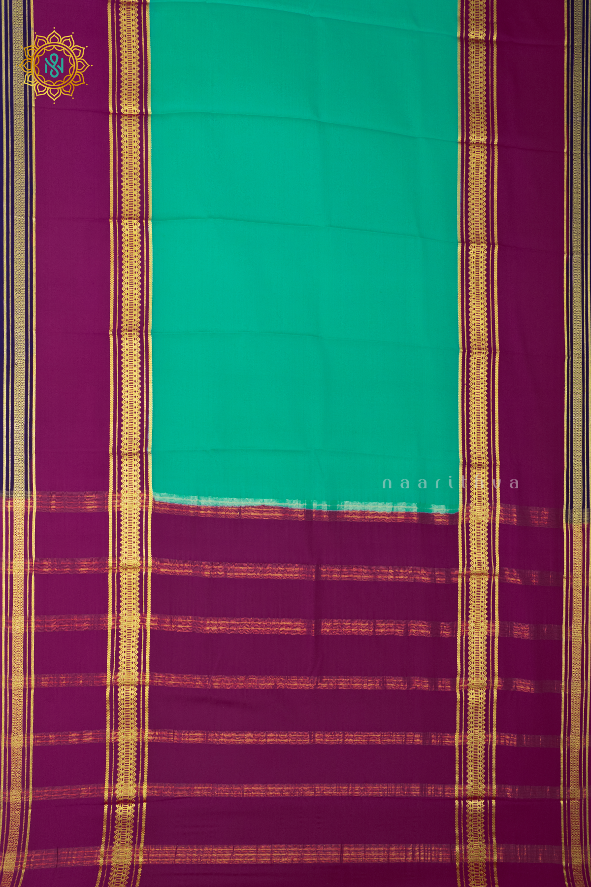 AQUA GREEN WITH PINK & BLUE - PURE MYSORE CREPE SILK