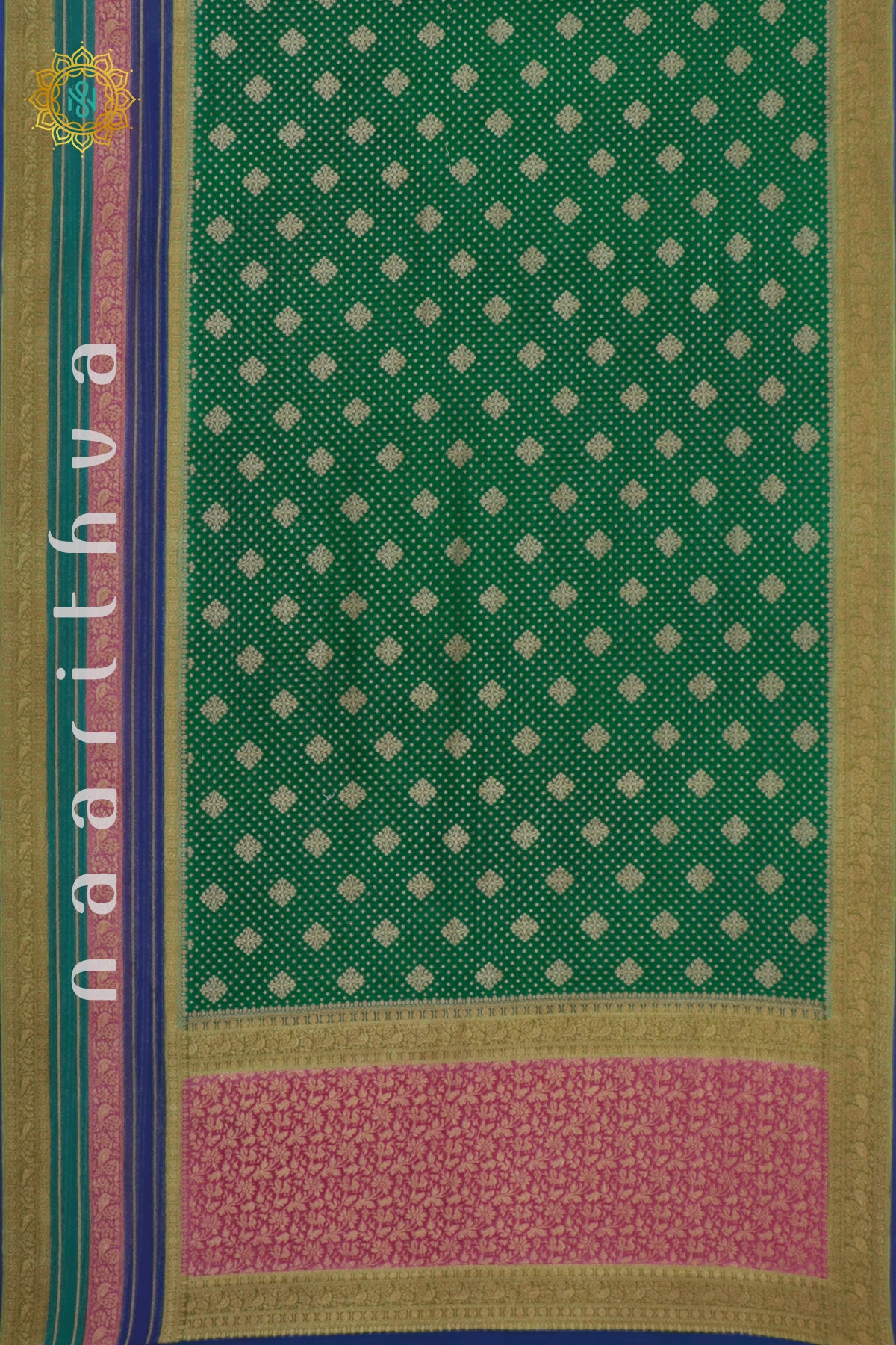 GREEN WITH BLUE, PINK & PARROT GREEN - PURE BANARASI KHADDI GEORGETTE