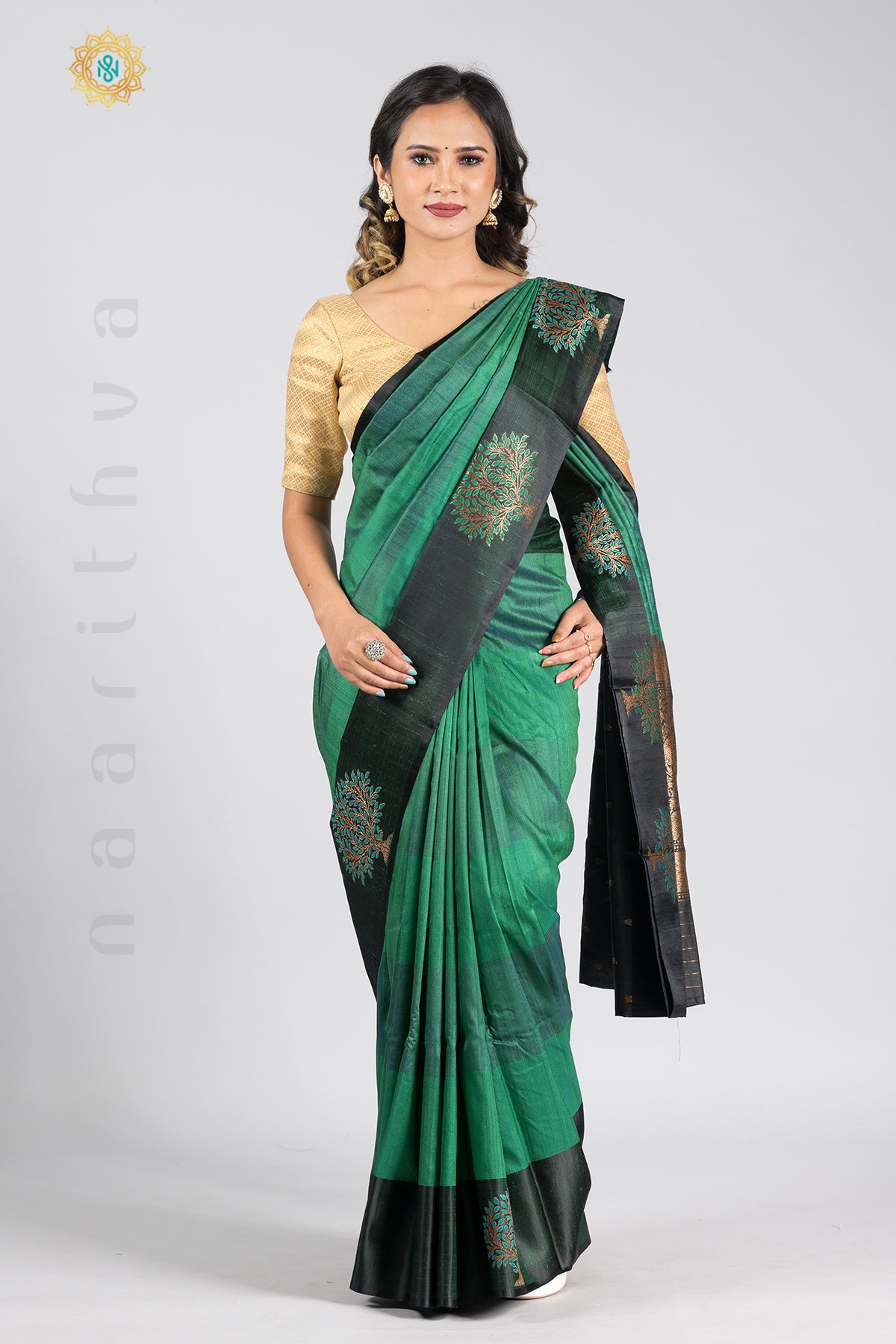 GREEN WITH BLACK - PURE TUSSAR SILK WITH THREAD WOVEN MOTIFS IN SATIN BORDER & ZARI WOVEN PALLU