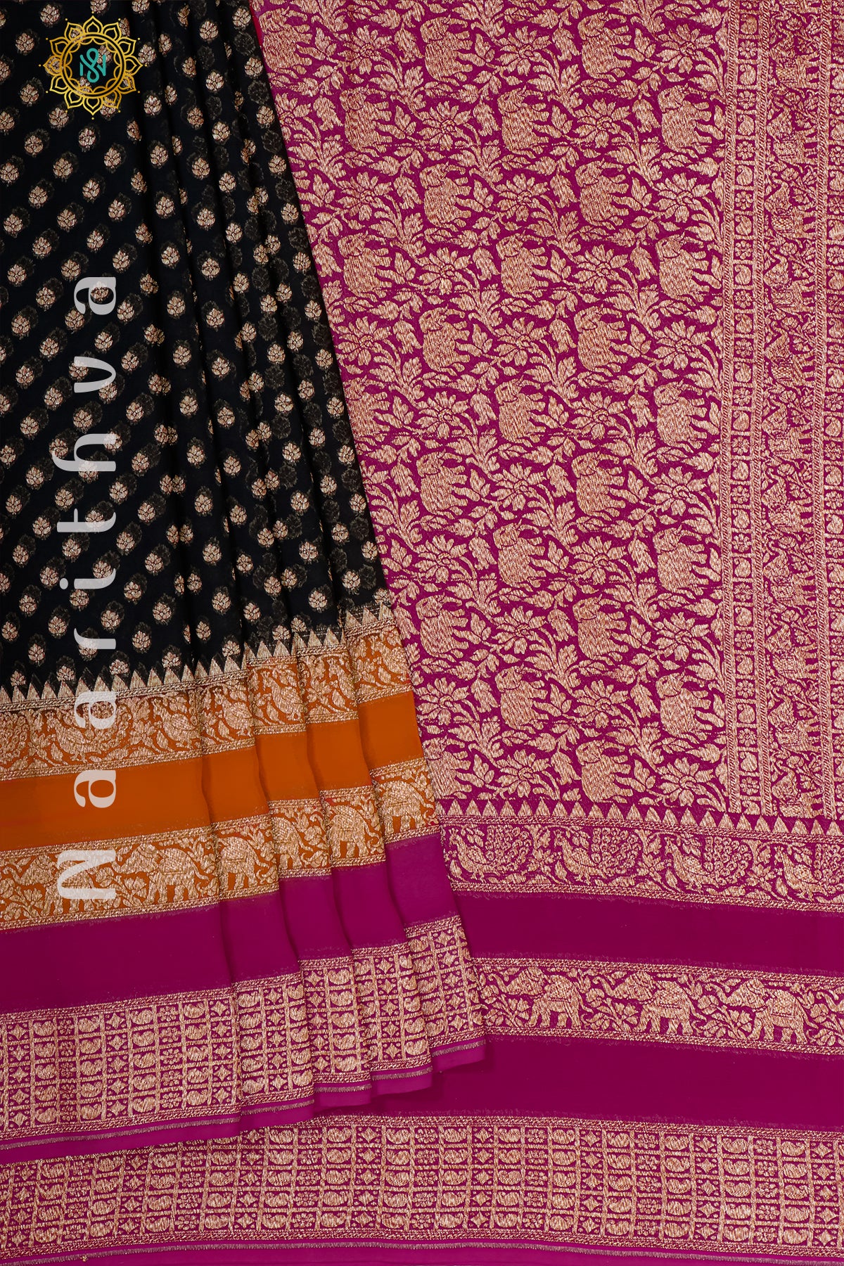 BLACK WITH ORANGE & PINK - PURE HANDLOOM KHADDI GEORGETTE BANARAS