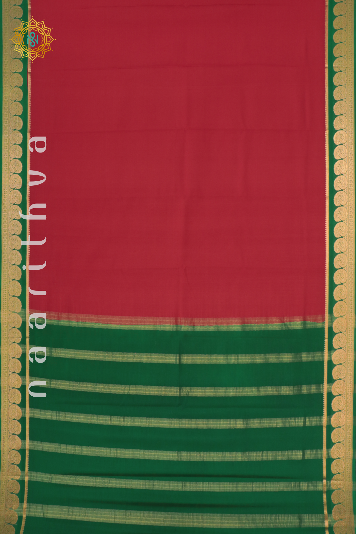 RED WITH GREEN - PURE MYSORE CREPE SILK