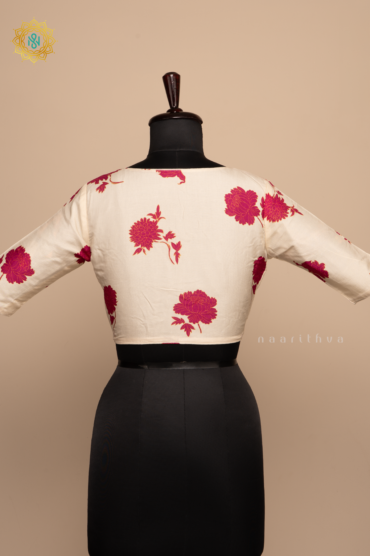 OFF WHITE WITH PINK - DOLA SILK READYMADE BLOUSE WITH FLORAL PRINTS