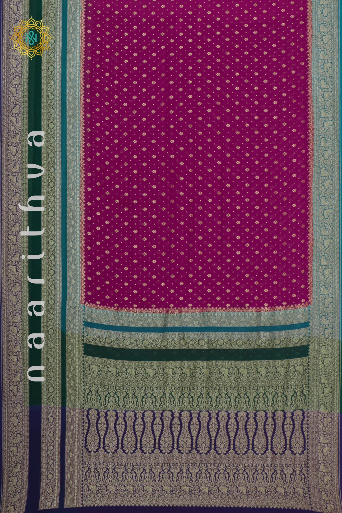 PINK WITH SKY BLUE, GREEN & NAVY BLUE - PURE BANARASI KHADDI GEORGETTE