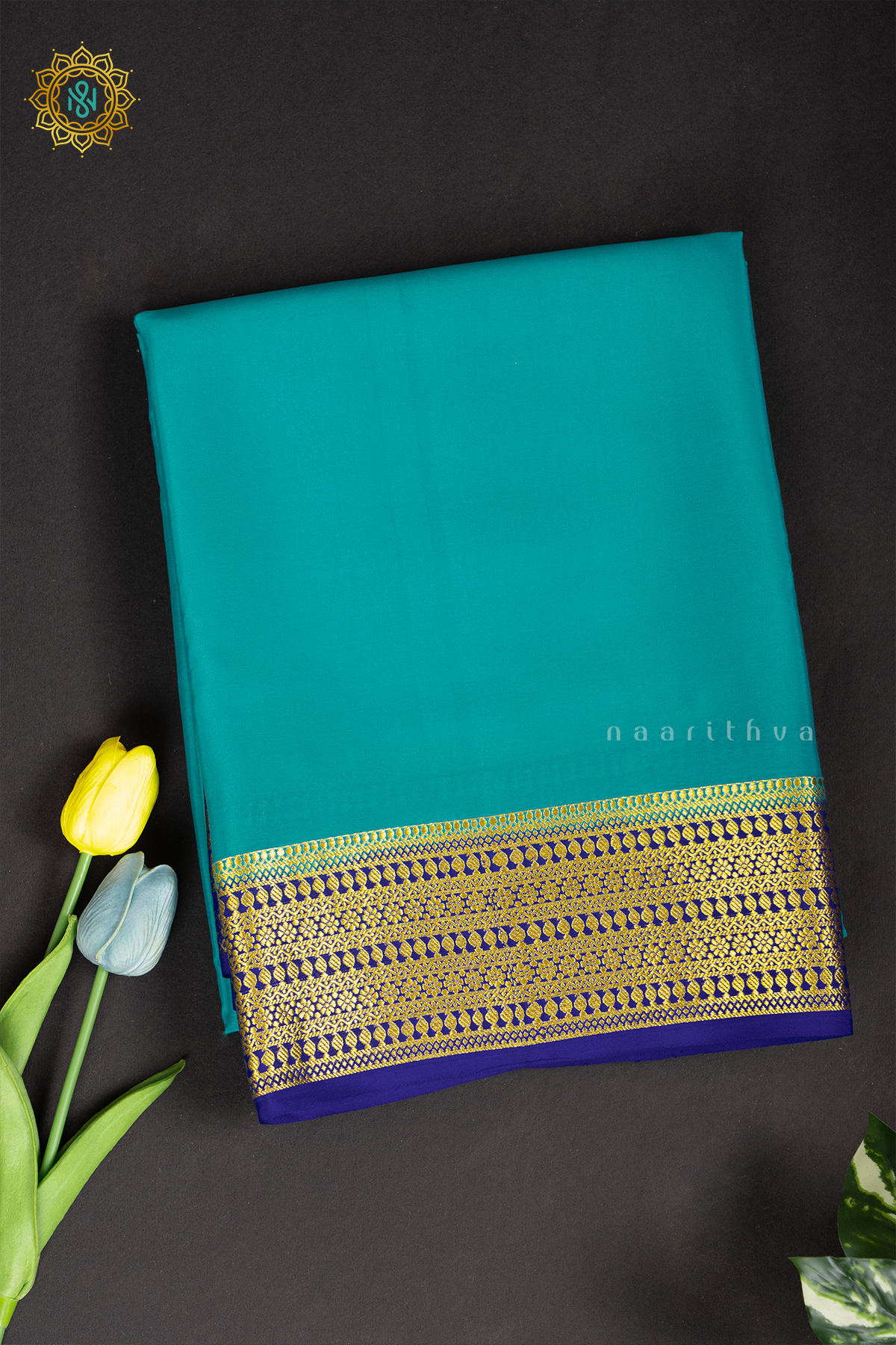 AQUA BLUE WITH ROYAL BLUE - PURE MYSORE CREPE SILK